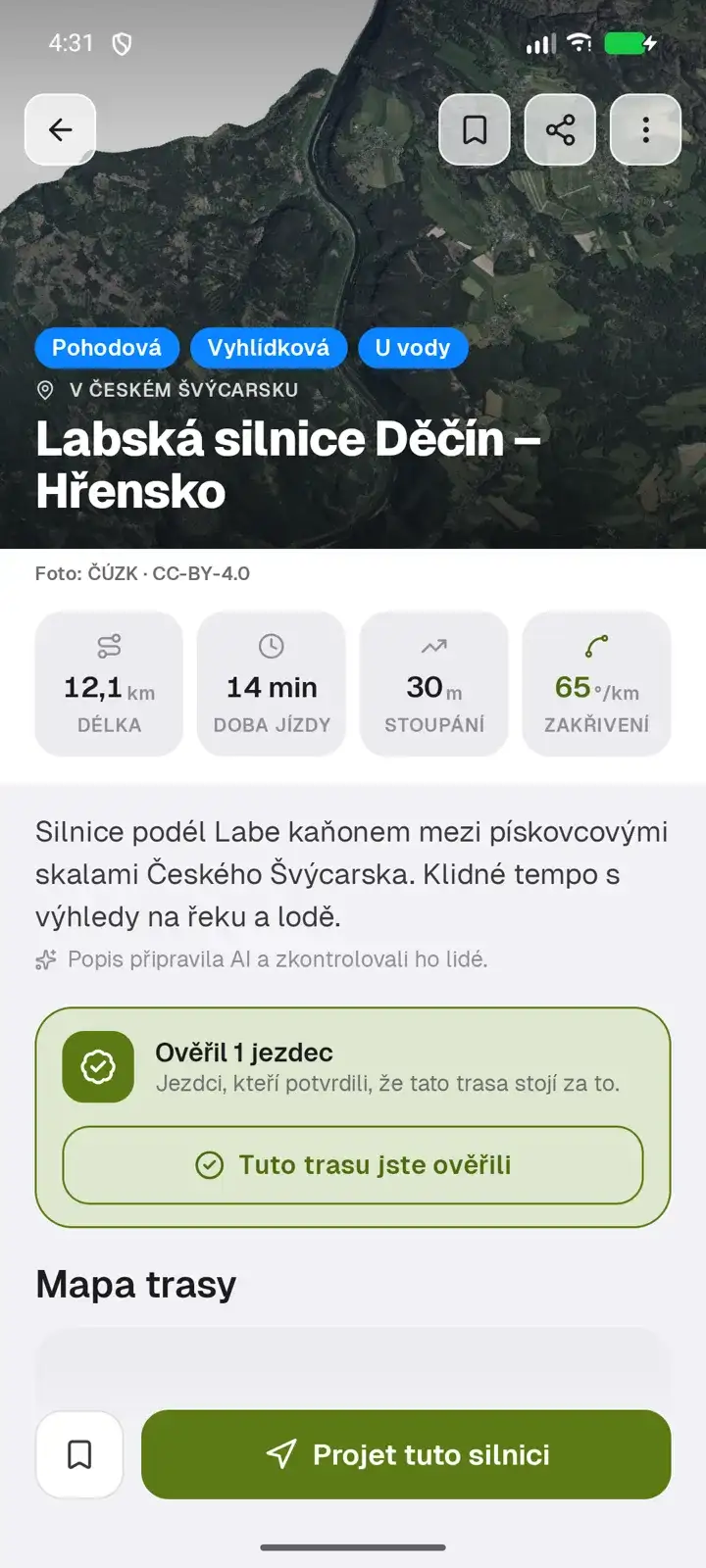 Snímek obrazovky aplikace RoamRise na Androidu: detail silnice Labská silnice Děčín – Hřensko s leteckým snímkem a údaji o trase.