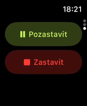 RoamRise na Apple Watch: tlačítka Pozastavit a Zastavit.